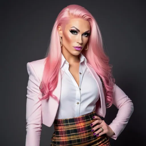 Prompt: Professional head to feet profile of a gorgeous ultra-muscular 25-year-old Finnish drag queen bodybuilder, intricate diamond face, very long straight shiny pink hair, arched eyebrows, button nose, intricate makeup, gold jewelry, multicolored blazer, white blouse, pleated black tartan skirt, 8 inch stiletto high heel shoes, high-res photo, detailed, realistic, professional, head to waist, vibrant colors, intricate details, high quality, indoor photo, warm light, shoulders turned away from camera, head tilted, dynamic pose