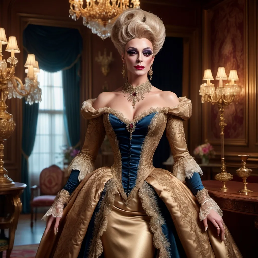 Prompt: (elegant 1600s gorgeous muscular British drag queen (masculine jawline and brow features)), historically accurate gown, adorned with intricate lace, lavish sparkling jewelry, (soft warm lighting), standing in a beautifully designed parlor, rich color tones, opulent decor, (highly detailed textures), saturated hues, atmospheric elegance, inviting ambiance, (4K ultra-detailed), artistry that captures the essence of wealth and sophistication.