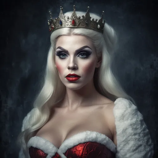 Prompt: Grunge medieval Gorgeous 25-year-old Daphne Blake drag queen bodybuilder (strong drag queen facial features), impasto, old picture effect, whimsical, highres, detailed, medieval, impasto, old picture effect, grunge, Snow White, fairy tale, dark tones, atmospheric lighting