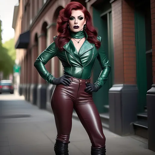 Prompt: Full-length realistic illustration of a confident, gorgeous, muscular 25-year-old French drag queen with stylish dark red hair, wearing tight black leather leggings without pockets  Victorian-style green silk blouse, stiletto boots, leather gloves, leather jacket, detailed fabric texture, strong stance, dark eyeshadow,  dark lipstick, realistic, detailed, full body, confident expression, urban fashion, high quality, detailed, realistic, contemporary art, professional, atmospheric lighting, old dark castle.