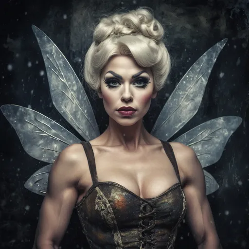 Prompt: Grunge medieval Tinkerbell drag queen bodybuilder (strong drag queen facial features), impasto, old picture effect, whimsical, highres, detailed, medieval, impasto, old picture effect, grunge, Snow White, fairy tale, dark tones, atmospheric lighting
