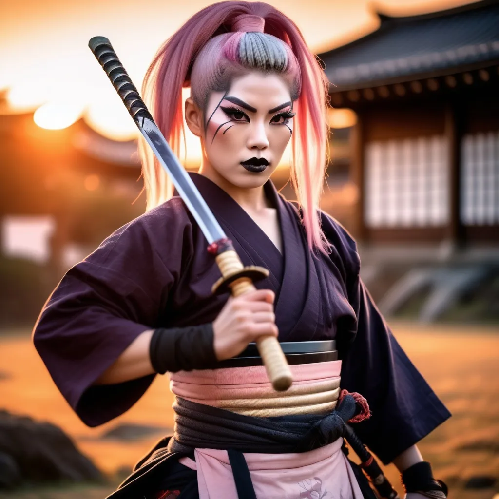 Prompt: A gorgeous muscular 21-year-old Japanese drag queen Samurai (dark eye makeup, dark lipstick, big busom, and platinum pink hair) wearing a traditional ancient Samurai yoroi and holding a katana in one hand, standing in a battle stance. 13th century Japan at sunset.