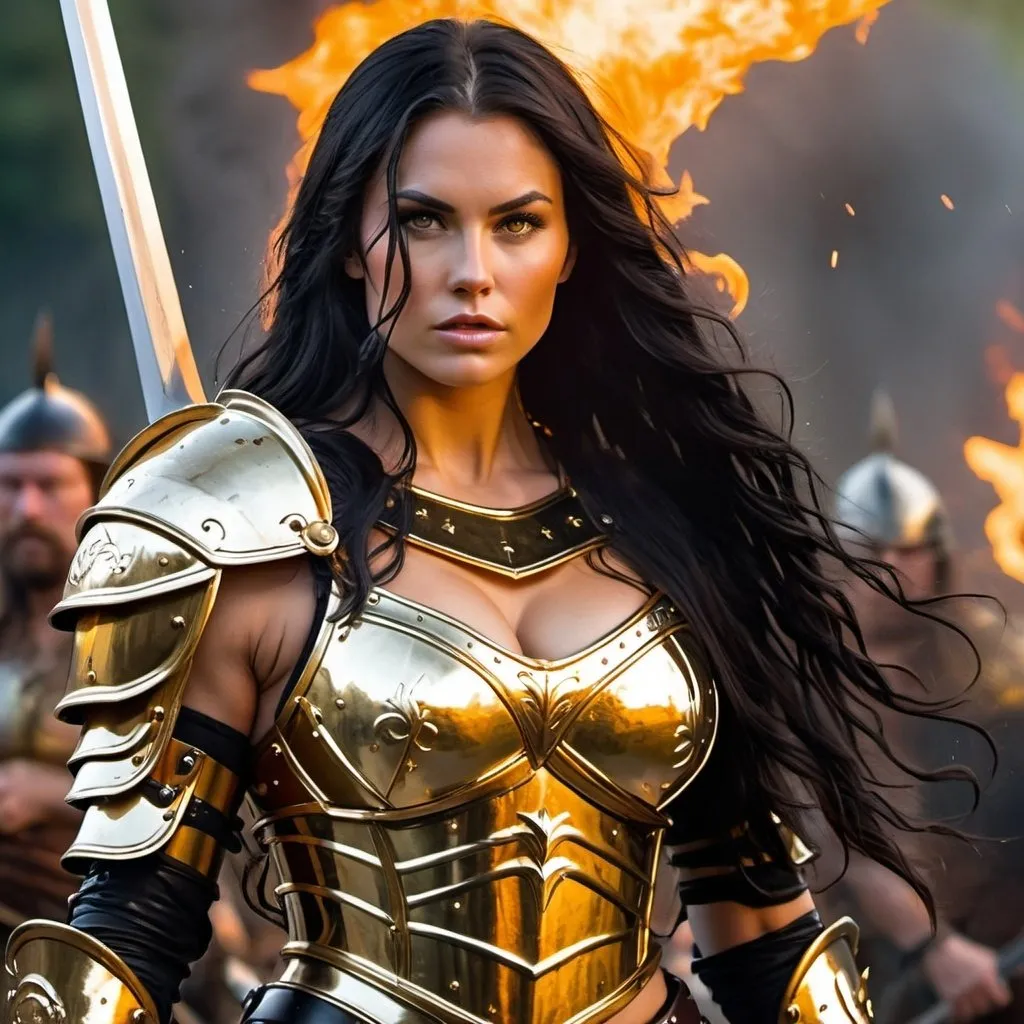 Prompt: Gorgeous ultra-muscular 25-year-old Swedish goddess with huge busom and ridiculously long wavy black hair, dressed as a warrior princess in complete shimmering golden steel armor and a gleeming golden longsword in the midst of a bloody and fiery battle.