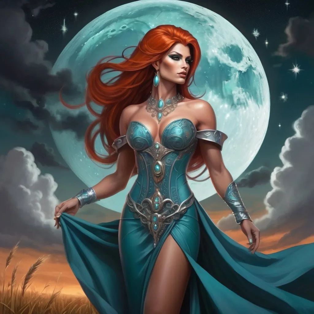 Prompt: The Queen Of Time And Space, a gorgeous muscular drag queen (with strong masculine facial features), Dark orange hair and big busom, in a Teal dress standing in a field of clouds and stars with a full moon behind her, Anne Stokes, fantasy art, epic fantasy character art, concept art