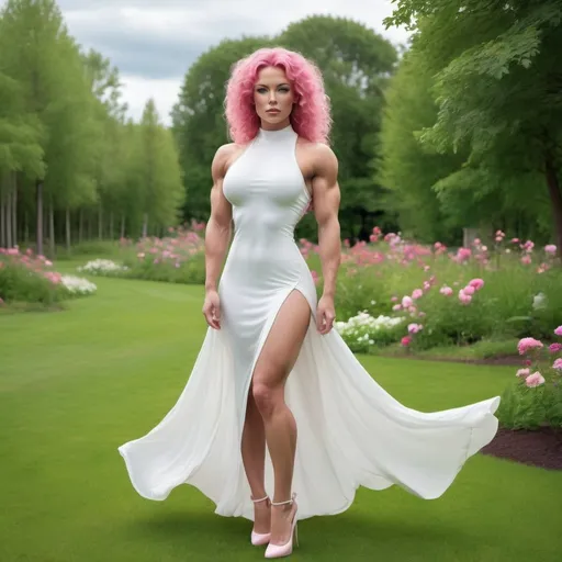 Prompt: a gorgeous 28-year-old Finnish goddess bodybuilder in  a  long white Empire Dress with a high neck line and 8 inch high heel shoes, standing on the green grass, a beautiful expressive face, curly pink hair,  full-length, in an amazingly beautiful garden,  exactly beautiful photo  , highly photo, full-length photo, 64k hi-res digital realistic photography.