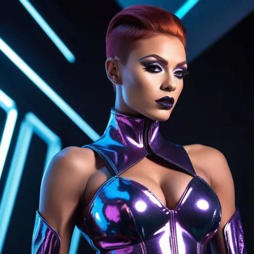 Prompt: Gorgeous muscular 21-year-old British drag queen bodybuilder (with masculine facial features, dark lipstick, large busom, crimson-auburn hair) wearing a (Mugler space dress), futuristic fashion design, (sleek) lines and (dramatic) silhouettes, shimmering materials, cosmic elements, a blend of elegance and modernity, (vibrant) colors with (metallic) accents, bold accessories, ultra-detailed, high fashion, innovative shape, ethereal atmosphere, (high-quality 4K), striking visual aesthetics, captivating starry background, stylish and avant-garde.