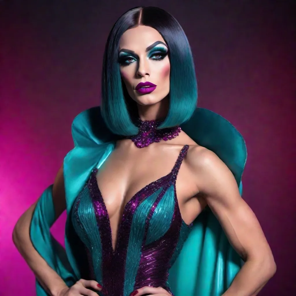 Prompt: image of Al Pachino dressed as a (muscular body) gorgeous 25-year-old Czechian drag queen wearing a flamboyant, yet conservative black teal and magenta Bob Mackie designer Gown, heavy eye makeup,  dark red lipstick, posing in a smokey Cabaret. hyper-realistic quality, ultra-detailed 4K imagery.