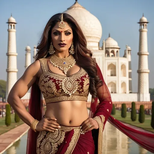 Prompt: In 1670's a gorgeous, very muscular 35-year-old Indian drag queen bodybuilder (with strong masculine facial features, dark lipstick, large busom) standing majestically in front of the Taj Mahal, wearing an opulent and elaborate traditional Indian royal dress adorned with intricate gold embroidery and sparkling jewels. She exudes grace and power, with a serene yet commanding expression that captures the admiration of the gathered crowd. The scene is composed with expert artistry, featuring dramatic lighting that highlights the rich textures of her attire and the architectural beauty of the Taj Mahal. The composition should feel like a professional artistic photograph, with meticulous attention to details in posture, facial expression, and the interplay of light and shadow, creating an atmosphere of regal elegance and reverence.