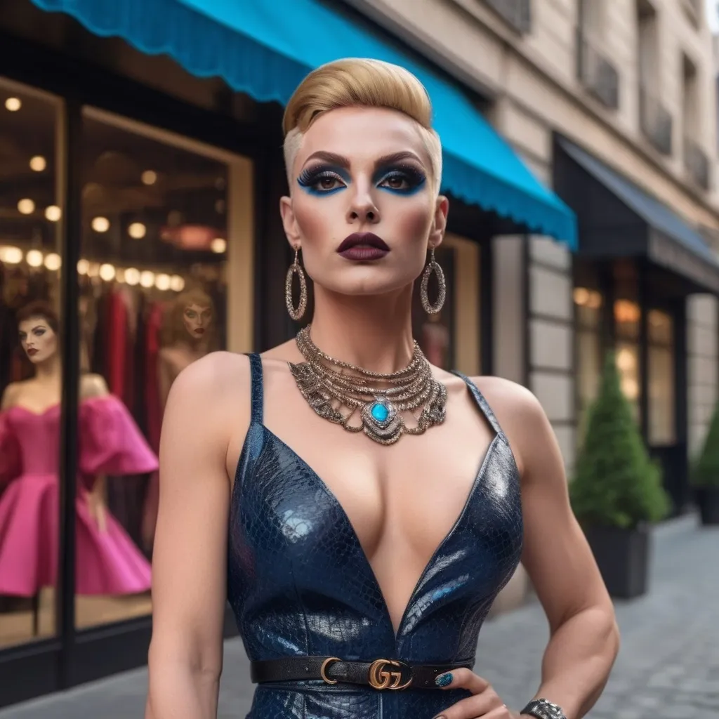 Prompt: A gorgeous muscular 25-year-old French drag queen Instagram influencer with medium busom, dark blonde hair, darkeyeshadow,  heavy mascara, and dark lipstick, blue eyes, photoshoot. in a outdoor fancy area. background Gucci store. 

photorealistic, (realistic skin texture)
high dynamic range.