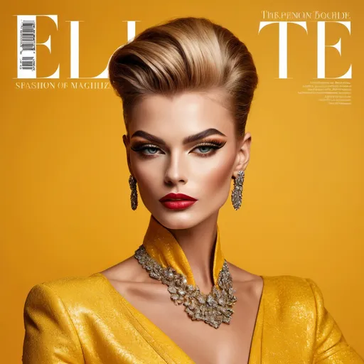 Prompt: A mesmerizing portrait graces the cover of an elite fashion magazine, capturing the essence of high-end sophistication. Set against a sunrise-yellow backdrop, the gorgeous, muscular, Polish, drag queen (masculine jawline and brow facial features), model exudes confidence and allure, adorned in exquisite fashion garments that epitomize elegance and class. This breathtaking image transcends traditional notions of style, embodying an innovative vision of haute couture that pushes the boundaries of modern aesthetics.