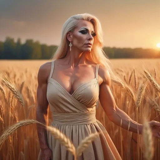 Prompt: a painting of a gorgeous muscular 35-year-old Finnish drag queen bodybuilder, with long blonde gair and big busom, wearing a long flowing sundress, standing in a field of wheat at sunset, Anka Zhuravleva, german romanticism, ultra realistic digital art, a photorealistic painting