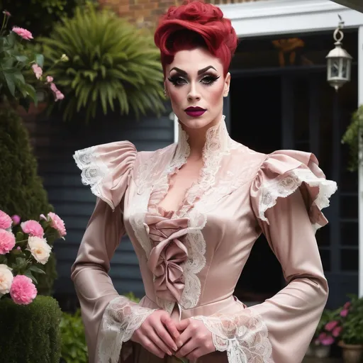 Prompt: Gorgeous muscular 25-year-old British drag queen ((strong masculine jawline and brow features)) wearing a tea-gown, year 1905. Garden patio. Lace. frills. realistic. pretty face