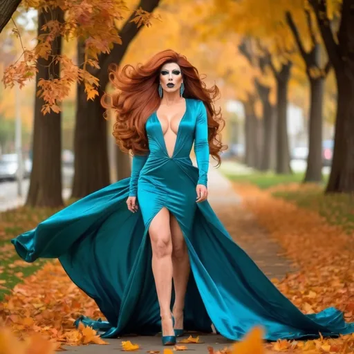 Prompt: Gorgeous muscular 25-year-old Persian drag queen with extremely long flowing dark orange hair (((blowing in the wind))) and big busom, wearing low cut teal satin dress with long train and 8 inch stiletto high heel shoes, walking through the leaves of autumn at morning. 