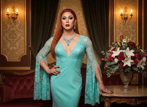 Prompt: Set against an opulent backdrop of intricately designed walls and elegant furnishings, a muscular 35-year-old Japanese drag queen (with dark eyeshadow, dark red lipstick, dark red manicured fingernails) stands poised in a lavish aqua-colored gown that features a deep V-neck and delicate lace sleeves. The muscular 35-year-old Japanese drag queen’s sophisticated look is complemented by a long burnt orange sleek hairstyle and tasteful jewelry, including a statement necklace. She confidently rests one hand on her hip, projecting an air of grace and elegance amidst the sumptuous decor, which includes a rich burgundy sofa and an ornate table with a floral arrangement. The warm lighting from ornate wall sconces casts a soft glow over the scene, enhancing its luxurious atmosphere and conveying a mood of refined beauty and sophistication.