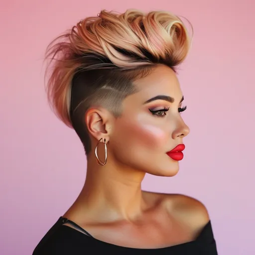 Prompt: side buzzed fade longer updo top cut with a pink trendy moehawk, hair cut sample, fashion magazine, high focus on trendy hairstyle, gorgeous 40-year-old Czechian drag queen bodybuilder model with thick eyeshadow and dark red lipstick, flirty, confident smile --ar 9:16 --v 6.0