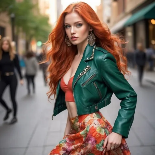 Prompt: 
Picture of a huge busomed Gorgeous 25-year-old Czechian bodybuilder goddess with ridiculously long fiery red hair cascading down her shoulders in loose waves, reminiscent of the vibrant hues of autumn leaves. Her hair, like a blazing sunset, frames a face adorned with delicate features. High cheekbones, a pert nose, and full lips painted in a bold shade of red that matches the intensity of her hair.

Her eyes, a mesmerizing shade of emerald green, sparkle with mischief and curiosity, framed by thick lashes that flutter like the wings of a butterfly. She has an air of confidence about her, carrying herself with the effortless grace of a dancer on a dimly lit stage.

Dressed in the fashion of the 1980s, she wears a vintage-inspired ensemble that effortlessly blends bold patterns and vibrant colors. A cropped leather jacket adorned with studs and patches adds a touch of rebelliousness to her look, while a flowing skirt in a riot of floral prints sways with every step she takes.

Her accessories are eclectic and eye-catching, from oversized hoop earrings that glint in the neon lights of the city to a stack of bangle bracelets that jingle softly with her movements. On her feet, she wears a pair of 8 inch stiletto high heel shoes that give her an added boost of confidence as she struts down the bustling streets of the urban landscape.

There's an undeniable magnetism to her presence, a combination of beauty, charisma, and a hint of mystery that draws people in like moths to a flame. She embodies the spirit of the 1980s, a time of bold fashion choices, vibrant personalities, and an unapologetic zest for life.  you can see her  figure
