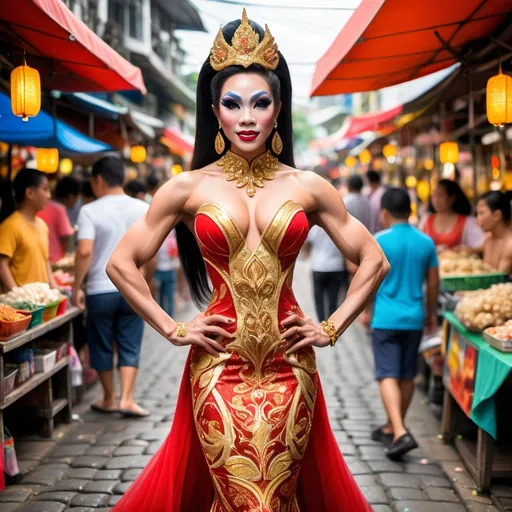 Prompt: A full-body view of a gorgeous Thai drag queen bodybuilder in a traditional red and gold dress, standing on a cobblestone street in a bustling Thai market, with vibrant stalls and colorful canopies in the background fully in focus.