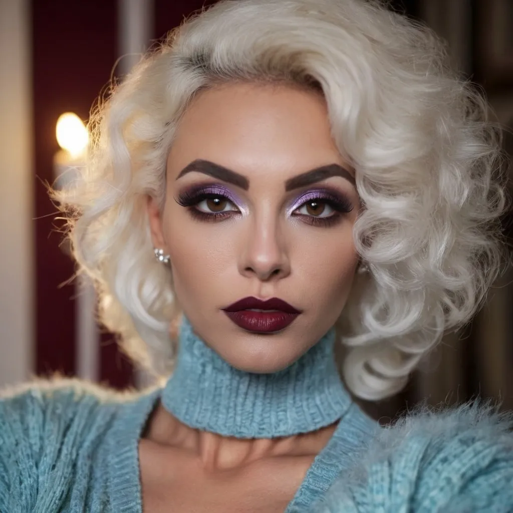 Prompt: Gorgeous muscular 35-year-old French drag queen (with very strong masculine jawline and brow facial features) with large busom and long curly silver hair, in a modern home, against a wall with wallpaper and furniture background, wearing long cable knitted angora mohair sweater , (extremely fluffy:1.8) angora mohair sweater, from side, looking at viewer, smile, (full lips:1.8), dark red lipstick, dark eyeliner, dark makeup, 8k, very detailed, green eyes, very detailed eyes,
source_real, raw, photo, amateur, french drag queen, Close-Set Eyes, [eyecolors violet], full lips, high cheekbones, weak receding chin, burgundy, lob, light blue, lip gloss, __15JeweleryMaterials__ __14Piercing__, large busom,  gorgerous, outdoor, portrait, , highly detailed, detailed skin, depth of field, film grain
(photorealistic) (bokeh) (intricate details) (cinematic lighting) (sharp focus)
