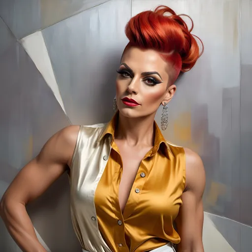 Prompt: oil painting of gorgeous muscular 35-year-old Bulgarian drag queen with a (bright red bun hairstyle), wearing an (elegant sleeveless mustard button-up blouse) and (off-white fancy pants), strikes a (modeling pose) near a perfectly designed silver aesthetic wall and multicolored curtain, Captured in a (low angle shot), showcasing her (detailed features). 