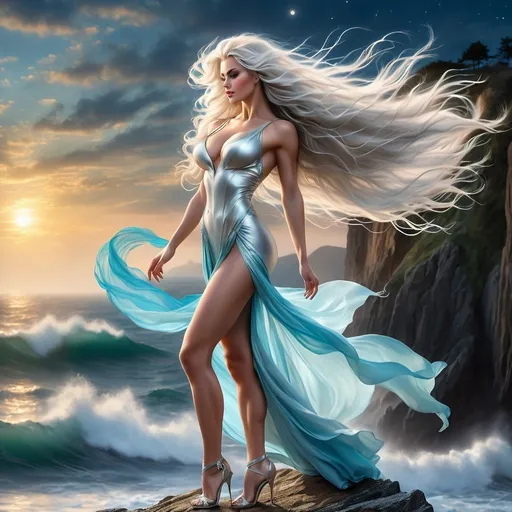 Prompt: Tall, gorgeous, ultra-muscular, 25-year-old Finnish goddess bodybuilder with huge busom, ridiculously long wavy silver hair  (((blowing in the wind))), and long muscular legs, wearing 8 inch stiletto high heel shoes, standing on top of a cliff is facing away looking towards the ocean, romanticism photograph, beautiful fantasy hi-res 64k hd detailed digital photograph, beautiful fantasy art, beautiful fantasy 25-year-old, romantic painting, romanticism artwork, dramatic fantasy photography, goddess of the moon, in stunning digital photography, by Mark Arian, beautiful fantasy art, breathtaking fantasy photography, romanticism photograph style, portrait of goddess. Ultra-detailed.