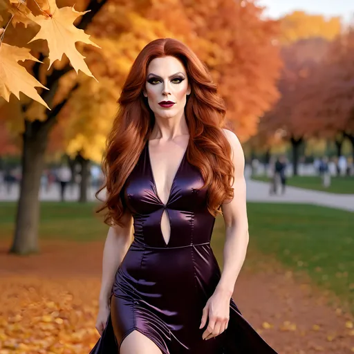 Prompt: full body, gorgeous muscular 35-year-old Czechian drag queen with long wavy Auburn hair (((blowing in the wind))), strong masculine jawline and brow,  dark eyeshadow and dark lipstick, tempting, hourglass figure, wearing a short light airy sundress, walking through the park during autumn sunset.