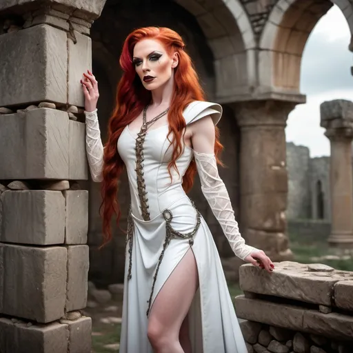 Prompt: realistc, Full body, (Hot red-headed drag queen mistress), long braided red hair, gorgeous strong face (strong masculine jawline and brow features), long white leather medieval fantasy dress, with straps and lace, stunning high heels, dominant stance, looking over shoulder, set between ancient ruins, magical spells shoot  the air