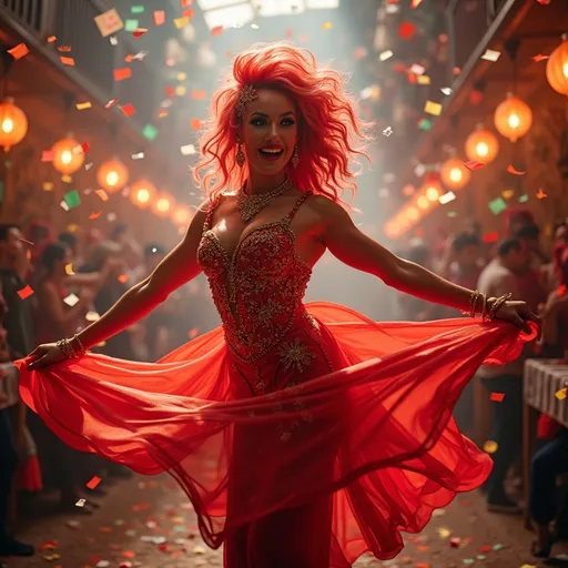 Prompt: Festively dressed gorgeous muscular 35-year-old Turkish drag queen bodybuilder dancing, (vibrant colors), joyous expression, flowing dress adorned with festive patterns, twirling motion, (celebratory atmosphere), radiant lighting, glittering confetti falling around, (high quality, ultra-detailed), joyful energy radiating, festive background filled with colorful decorations, dynamic pose capturing the spirit of celebration.