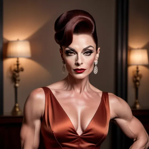 Prompt: photorealistic, (old Hollywood style), (sophisticated gorgeous muscular 35-year-old Austrian drag queen bodybuilder (strong masculine jawline and brow features)), elegant attire reminiscent of Audrey Hepburn, full length body, dark orange hair styled in vintage glamour, dark smoky eyeshadow and dark red lipstick,  soft lighting capturing a nostalgic atmosphere, muted pastel colors, timeless beauty, luxurious and refined setting, classic film vibe, vintage glamour, HD, ultra-detailed,