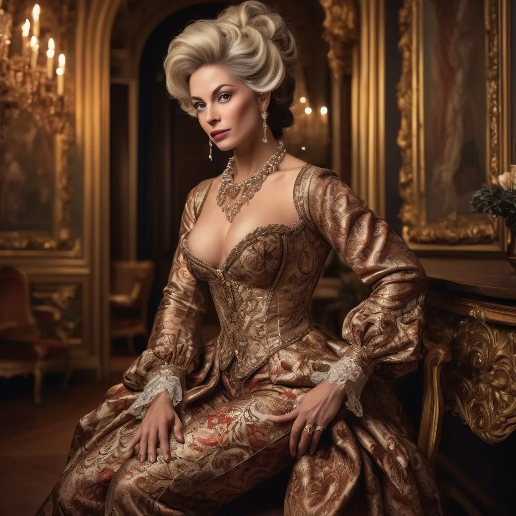 Prompt: What if a handsome man was dressed up as a Gorgeous muscular 35-year-old woman, baroque clothing, intricate details, opulent fabrics, luxurious setting, lavish backdrop, ornate decor, rich color palette, warm and inviting tones, softly diffused lighting, (highly detailed), expressive eyes, elegant pose, sophisticated atmosphere, captivating elegance, enchanting allure.