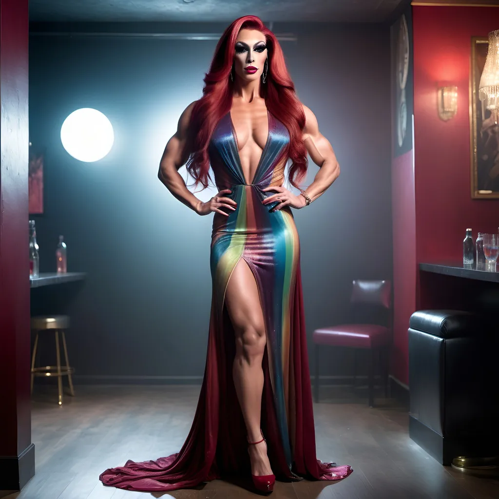 Prompt: Muscular feminine 25-year-old gorgeous British drag queen, well endowed, long muscular legs and very long dark red ethereal loose flowing hair ponytail wearing a long flowing loose fitting multi-colored evening gown and 8 inch stiletto high heel shoes posing in a smokey gentleman's club 