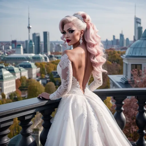 Prompt: Gorgeous ultra-muscular 25-year-old Finnish drag queen bodybuilder with ridiculously long wavy platinum pink updo hairstyle wearing an elegant white wedding dress, standing on the balcony of her luxurious mansion overlooking the city skyline. She has dark eye makeup and dark red lipstick. The gown features delicate lace detailing along its bodice and halter neckline, complemented by sheer sleeves that accentuate her figure's curves. Her pose is confident yet graceful as she gazes out at the horizon, embodying grace and elegance in timeless beauty in the style of a classic painting