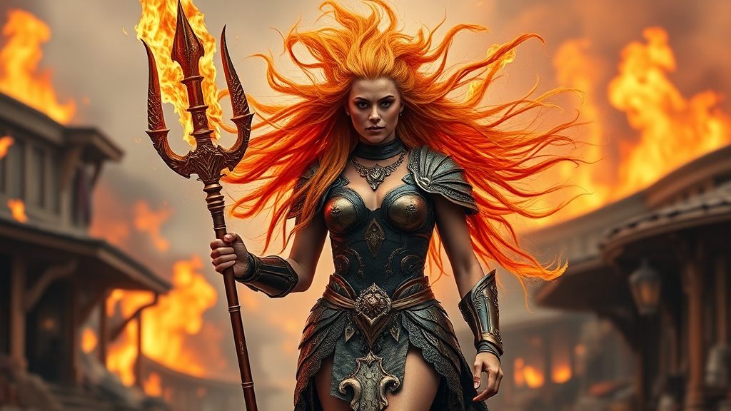 Prompt: Gorgeous muscular 25-year-old (Caucasian) drag queen goddess carrying a flaming trident, wearing armor of fire, ridiculously long flowing hair of fire, walking through a burning town.