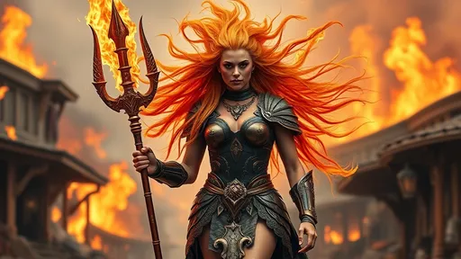 Prompt: Gorgeous muscular 25-year-old (Caucasian) drag queen goddess carrying a flaming trident, wearing armor of fire, ridiculously long flowing hair of fire, walking through a burning town.