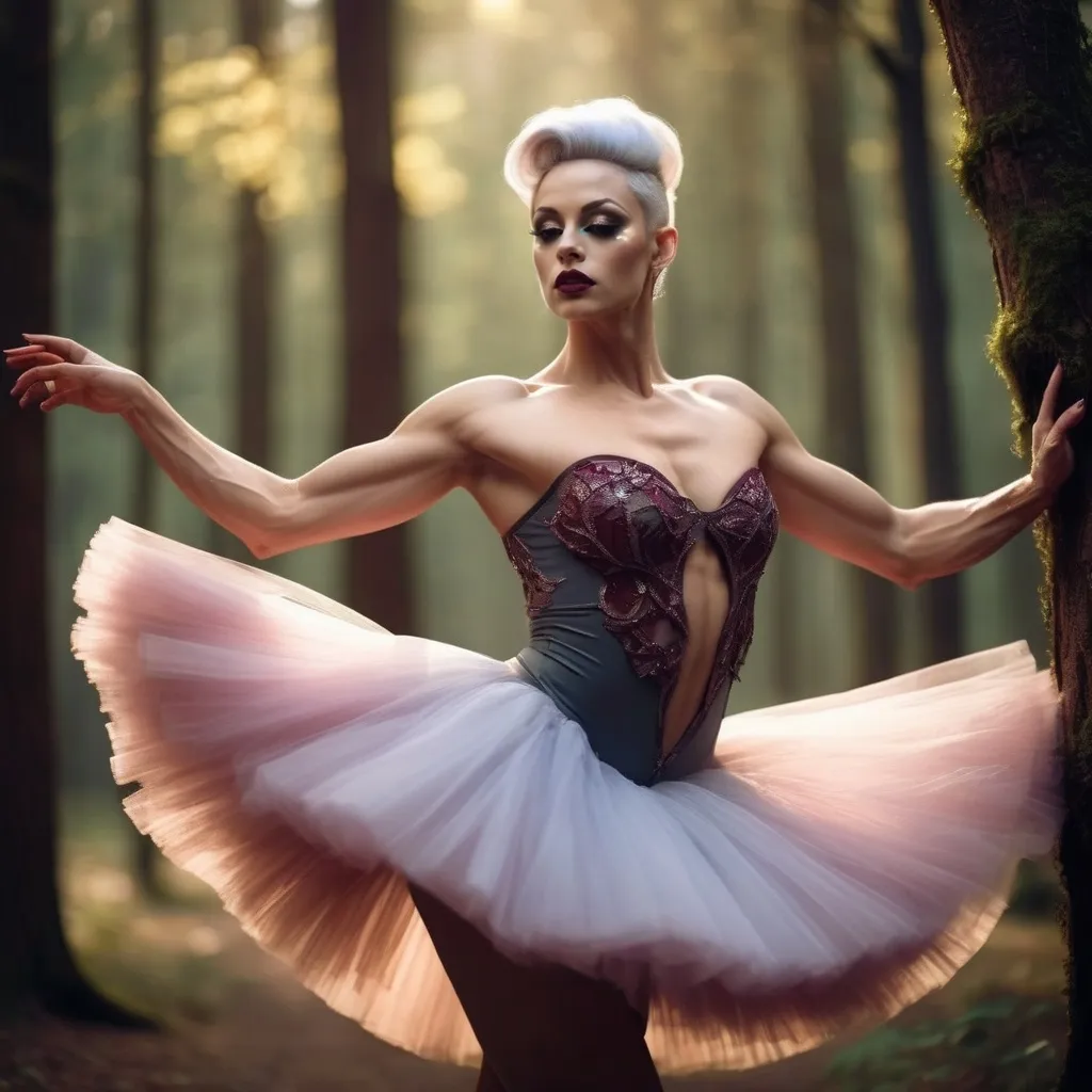 Prompt: (focused character gorgeous ultra-muscular 25-year-old Swedish drag queen bodybuilder), (elegant ballet pose), soft warm lighting, large busom, flowing pastel-colored tutu, enchanted forest background, delicate expression, intricate details in attire, dark eyeshadow,  dark red lipstick, immersive atmosphere, ethereal vibe, graceful movements, dreamy ambiance, intricate ballet shoes, glowing soft light filtering through trees, beautiful HD quality, atmospheric cinematic mastery