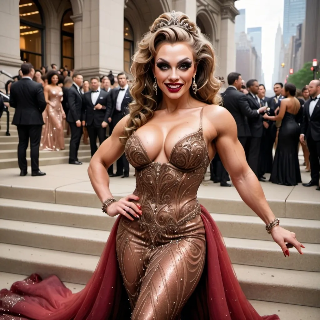 Prompt: Glamour photography of Gorgeous ultra-muscular 25-year-old (Caucasian) Russian drag queen bodybuilder with a huge busom, and very long wavy black & grey tight updo hair on the Met Gala steps in New York wearing designer bronze and red gown with long train, intricate details, glitter and jewels, posed 3/4 turn standing, smile, in the style of Guy Aroch