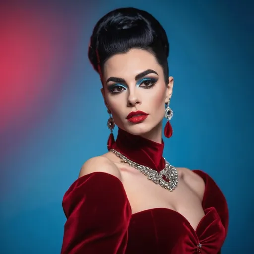 Prompt: a British drag queen (with very strong masculine jawline and brow facial features) with long shiny black hair wearing red velvet dress and earrings, posing for a picture with a blue background, Elina Karimova, rococo, elegance,  photorealistic