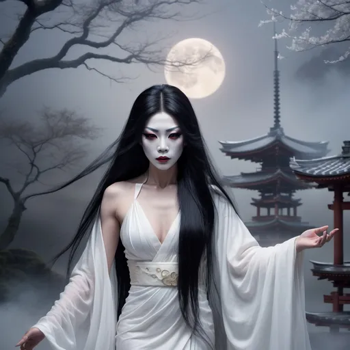 Prompt: A gorgeous, very muscular Japanese ghost drag queen, long black hair combed before her chest, wearing a white traditional Japanese burial dress,