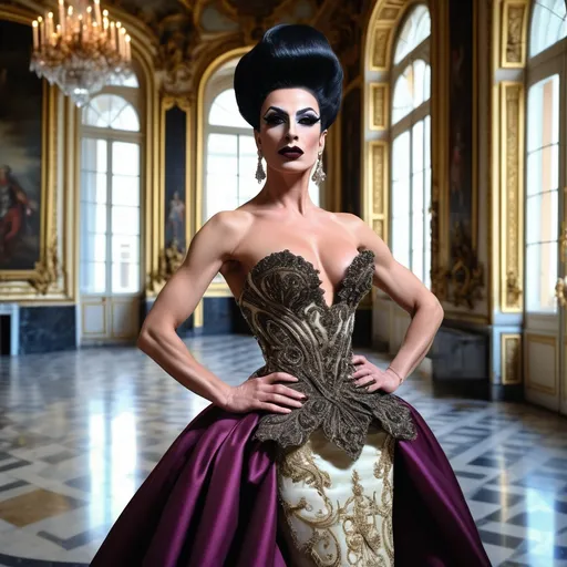 Prompt: Design a modern glamorous wedding dress worn by a real life gorgeous muscular 35-year-old Turkish drag queen ((strong masculine jawline and brow features)) model dress to be daring and glamorous and elegant, dark eye makeup, dark lipstick.  Posing in the Palace of Versailles.