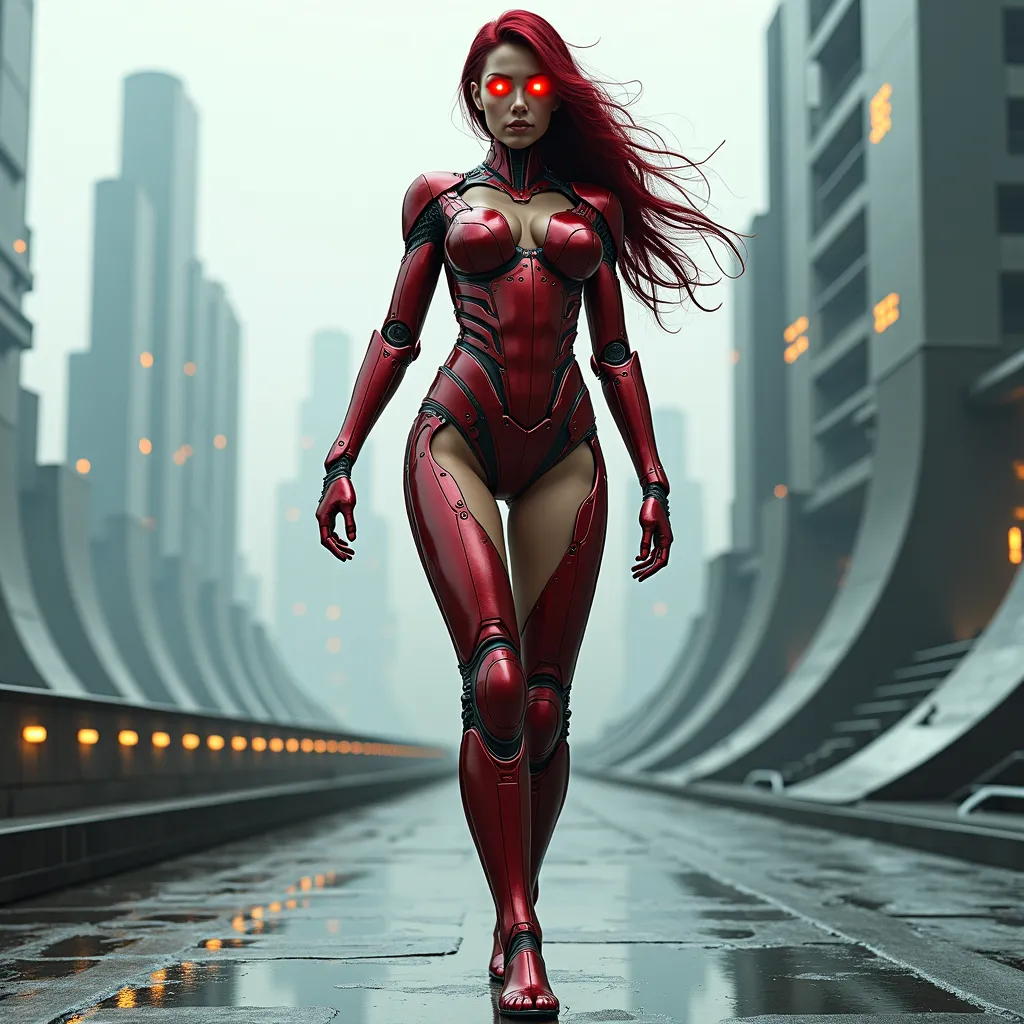 Prompt: Futuristic muscular 25-year-old Bulgarian drag queen cyborg with red lit eyes, well endowed and long dark red flowing hair walking down a hill of a futuristic sterile concrete and iron cityscape 