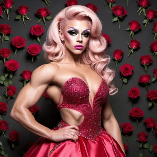 Prompt: Gorgeous muscular 18-year-old British drag queen prom queen posing on stage with a bouquet of roses 