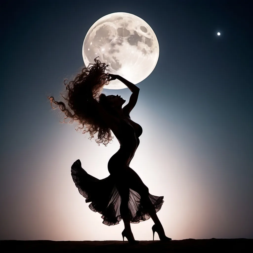 Prompt: Gorgeous muscular 25-year-old Portuguese drag queen bodybuilder (with long wavy hair, short flamenco dress and 8 inch stiletto high heel shoes) dancing flamenco in silhouette through a giant full moon.