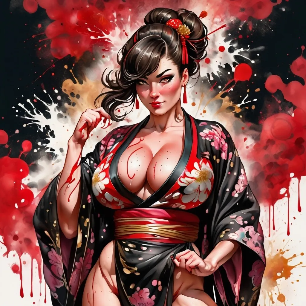 Prompt: digital watercolor painting, a gorgeous buxom busom ultra-muscular 25-year-old Czechian goddess bodybuilder wearing an intricate kimono, paint splatter, black and red, bold brush strokes, art nouveau