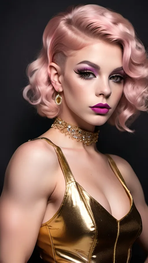 Prompt: a gorgeous ultra-muscular 18-year-old Slovakian drag queen bodybuilder with short pink wavy pixie hair and a gold dimante dress is posing for a p, Chica Macnab, neoclassicism, full round face, dark eye makeup,  dark lipstick, bow earrings with diamond necklace and glossy lips