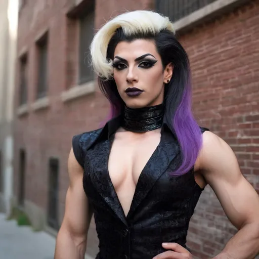 Prompt: Location: Random
Hair color: Random
Hair length: Random
A high definition hyper-detail live action digital photograph of the most beautiful 25-year-old, muscular, Syrian drag queen ever (masculine jawline and brow facial features). Dark eye makeup and dark lipstick. Wearing a gorgeous ensemble of men's and women's clothing with 8 inch stiletto high heel shoes.