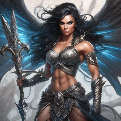 Prompt: Ultra-realistic, Gorgeous ultra-muscular 25 years old Finnish drag queen bodybuilder, Ultra detailed illustration painting of a luminous, gorgeous, angry, and enchanting humanoid dragongirl with dark hair wielding a mystical spear in battle. She is fit, toned, lean, huge busom and very muscular, large dragons wings, and a long tail. Her feet have on 8 inch stiletto high heel boots and her skin has slight scaly aspect to it. She is shouting in rage, the back of her mouth lit with an ambient fiery glow. Glowing red eyes, and wisps of smoke rise from her nostrils. Dynamic pose, female armor, realm enviroment, close mid shot, rule of thirds depth of field intricate details, concept art, subtle colors, fantastical realm, extremely detailed, ultra sharp focus, light particles, attention to detail, grandeur and awe, cinematic, stunning visual masterpiece, double exposure, 8k, photorealistic, strong outlines, cinematographic scene,