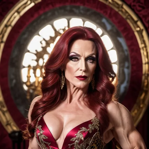 Prompt: Gorgeous muscular 45-year-old Slovenian drag queen bodybuilder with big busom, 
dark red matte lipstick, and long dark red hair, wearing a Roberto Cavalli dress, (luxurious designer fashion), stunning animal prints, exquisite embroidery details, showcase of intricate textures, flowing silhouette, elegant evening atmosphere, vibrant colors, dramatic lighting, (high fashion editorial style), ornate background with soft-focus elements, (4K ultra-detailed) craftsmanship, combining glamour and sophistication, perfect for a high-end photoshoot setting.
