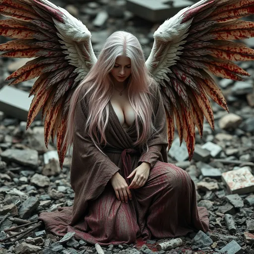 Prompt: Gorgeous ultra-muscular 25-year-old Finnish angel with huge busom and ridiculously long flowing platinum pink hair, wrapped dirty robes covered in blood, large broken, bloody wings, on her knees in the middle of rubble.