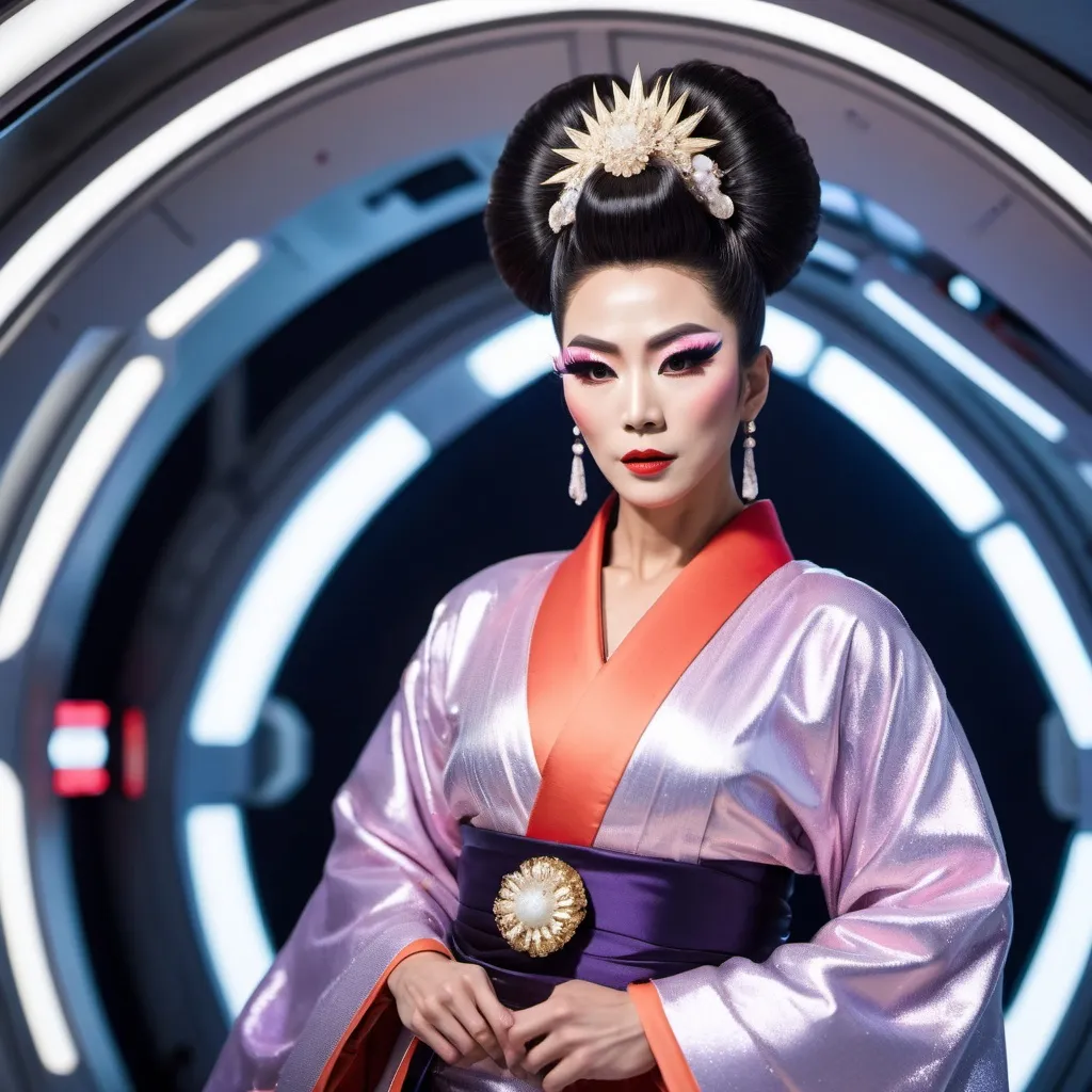 Prompt: A gorgeous muscular Japanese drag queen (very strong masculine jawline and brow features) wears a kimono while standing in a space ship, background is shows the vastness of space.