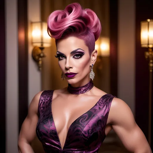 Prompt:  Gorgeous muscular 35-year-old Portuguese drag queen with dark pink updo hair, dark eyeshadow,  dark lipstick, wearing a (elegant dress), (stylish fabric), flowing design, intricate details, luxurious texture, vibrant colors, warm ambiance, (graceful draping), exquisite embellishments, soft lighting, enchanting atmosphere, rich patterns, HD, ultra-detailed, stunning visual composition, ideal for fashion showcase, inviting elegance