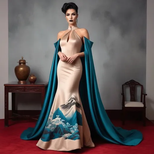 Prompt: The photo shows a gorgeous muscular 30-year-old Turkish drag queen bodybuilder (masculine jawline and brow) with dark eyeshadow, dark lipstick, and long dark orange updo hair, wearing a floor-length A-line gown, featuring a beige or champagne-colored satin top with long, wide sleeves that extend almost to the floor, creating a cape-like effect. The skirt of the dress is adorned with a vibrant, artistic print depicting a landscape of teal and blue mountains in a style reminiscent of traditional Chinese ink wash painting. There are also what appear to be stylized Chinese seals or stamps incorporated into the design. The skirt has a subtle ruffled or tiered detailing at the hem. The neckline is high and closed, in a style similar to a mandarin collar.

The Setting: The background is a simple, solid dark red, which gives the gown and the model a striking contrast and prominence.

